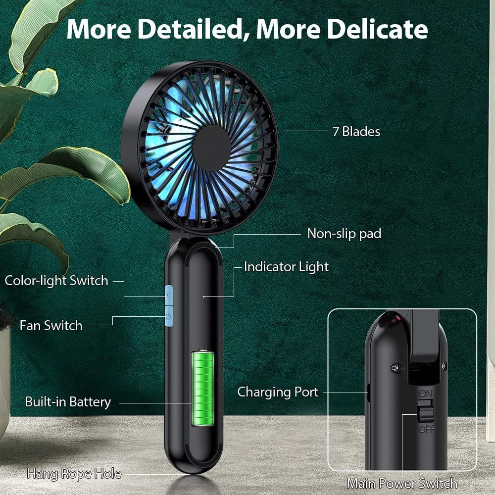 Portable Handheld Fan, Personal USB Hand Fans With RGB Colour Light
