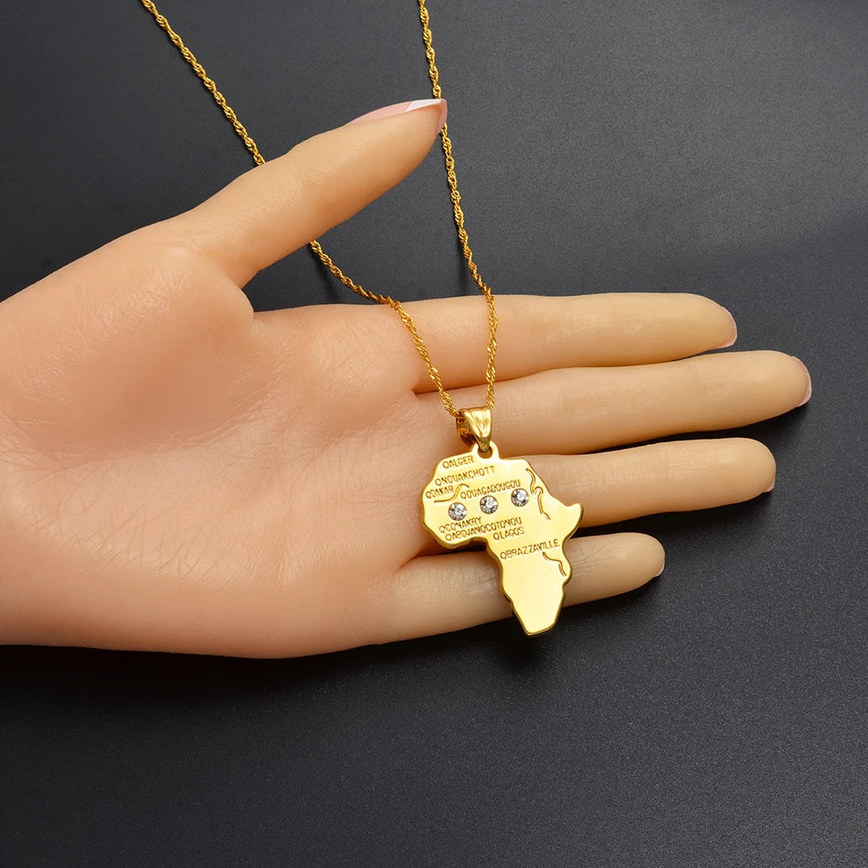 Rhinestone Africa Map, Colour Nigeria & Jamaica Flag Pendant Necklaces