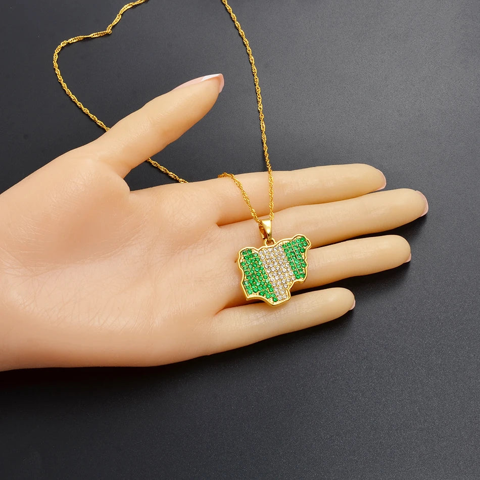 Rhinestone Africa Map, Colour Nigeria & Jamaica Flag Pendant Necklaces