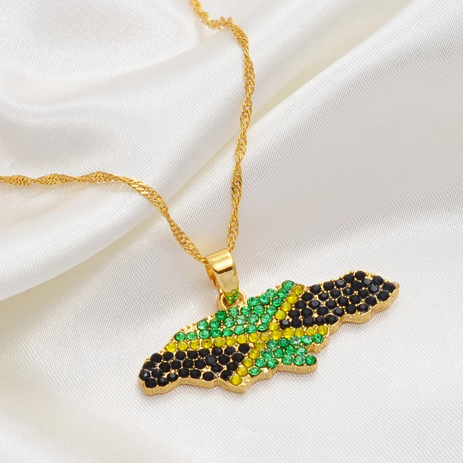 Rhinestone Africa Map, Colour Nigeria & Jamaica Flag Pendant Necklaces