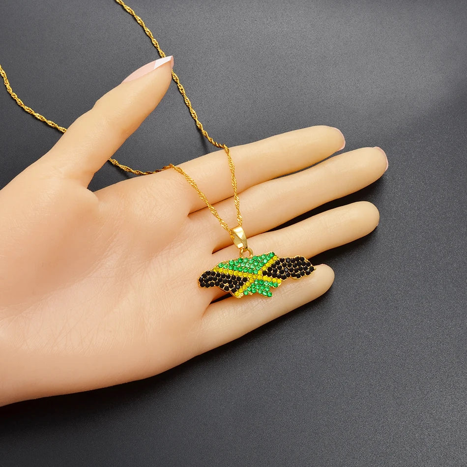 Rhinestone Africa Map, Colour Nigeria & Jamaica Flag Pendant Necklaces