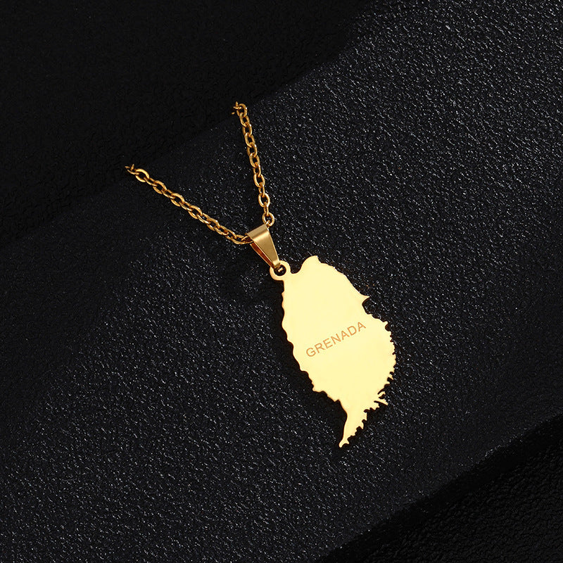 Grenada Map Elegant Titanium Steel Pendant in Smooth Gold Finish