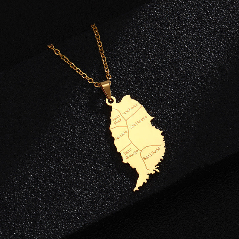 Grenada Map Elegant Titanium Steel Pendant in Smooth Gold Finish