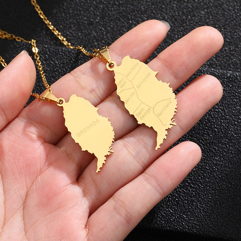 Grenada Map Elegant Titanium Steel Pendant in Smooth Gold Finish