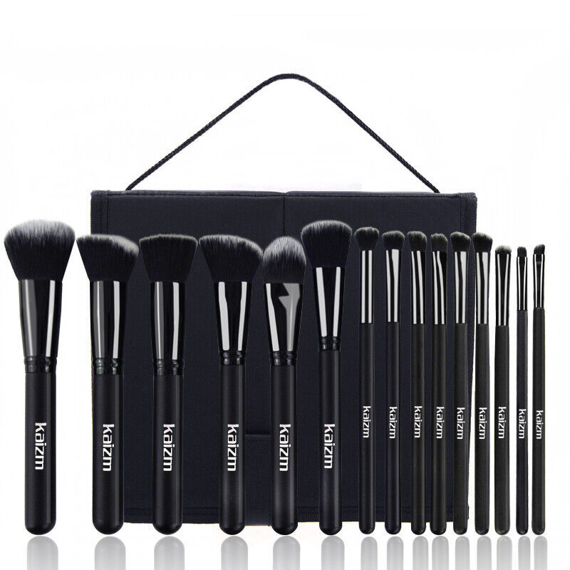 15-Piece Black Makeup Brush Set for Women with Bag - Foundation, Eyeliner, Eyeshadow