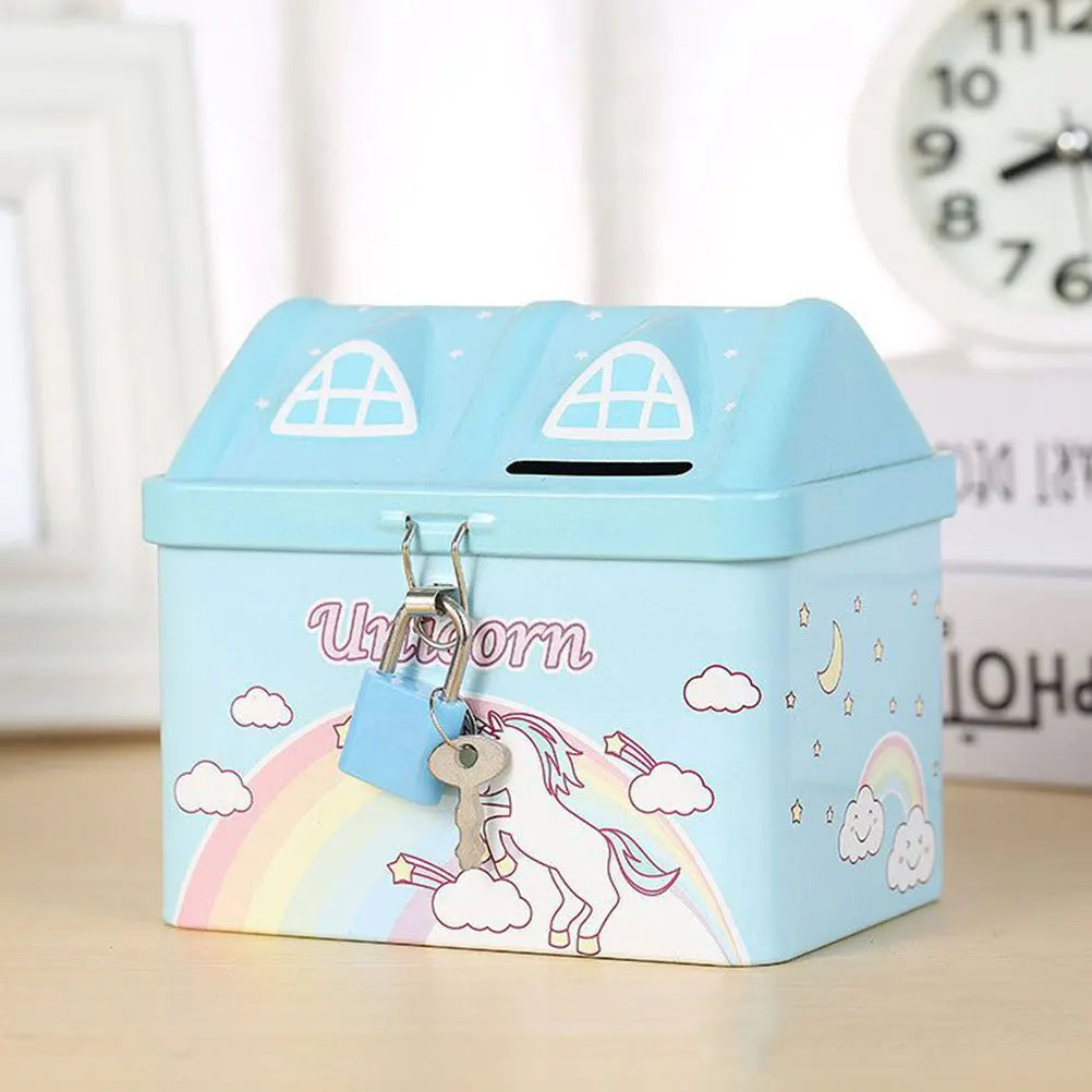 Kids House-Shaped Metal Piggy Bank with Lock - Children's Money Saving Box