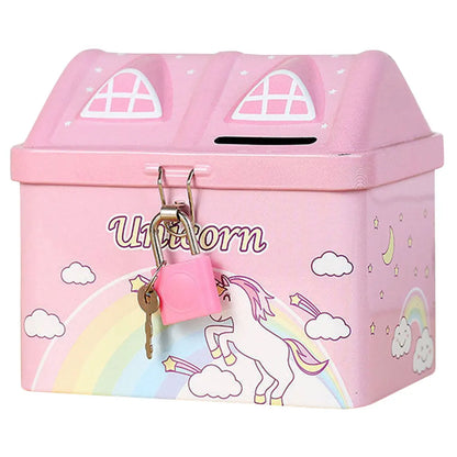 Kids House-Shaped Metal Piggy Bank with Lock - Children's Money Saving Box