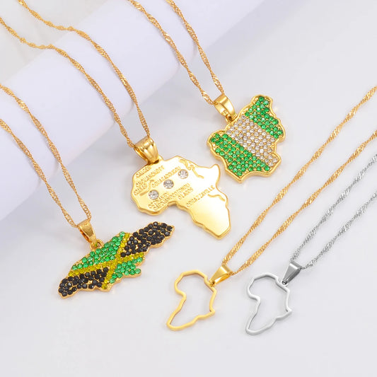 Rhinestone Africa Map, Colour Nigeria & Jamaica Flag Pendant Necklaces