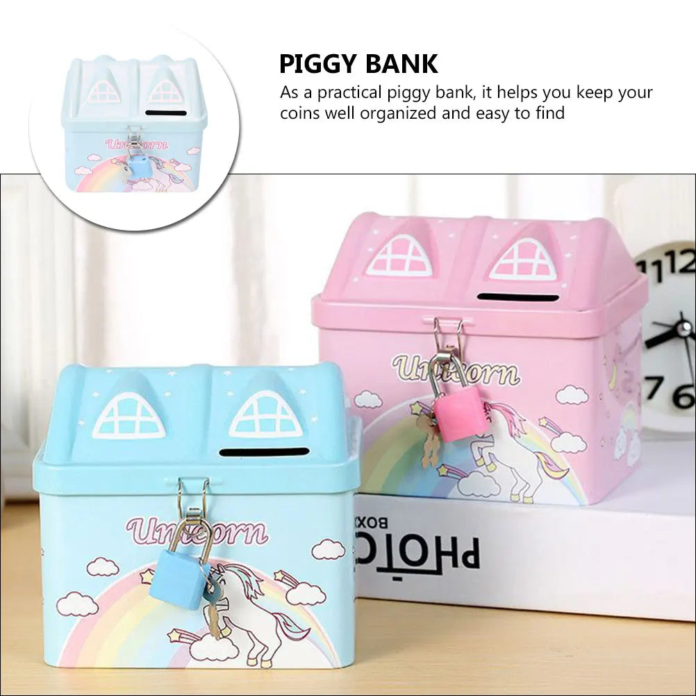 Kids House-Shaped Metal Piggy Bank with Lock - Children's Money Saving Box