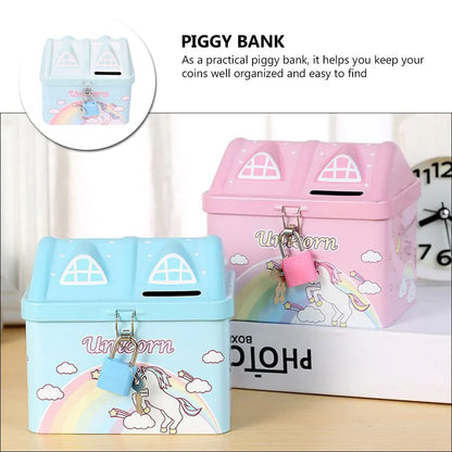 Kids House-Shaped Metal Piggy Bank with Lock - Children's Money Saving Box