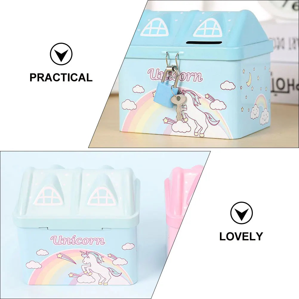 Kids House-Shaped Metal Piggy Bank with Lock - Children's Money Saving Box