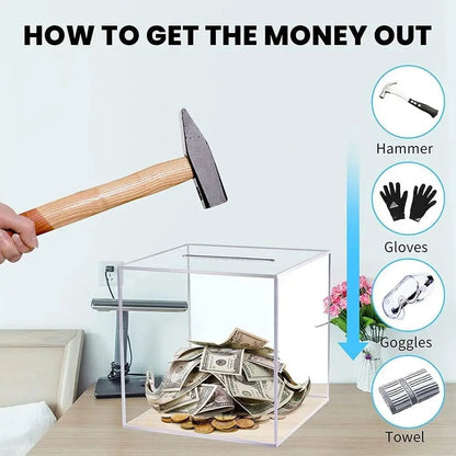 Clear Acrylic Break-to-Open Money Saving Bank | Adult Savings Box