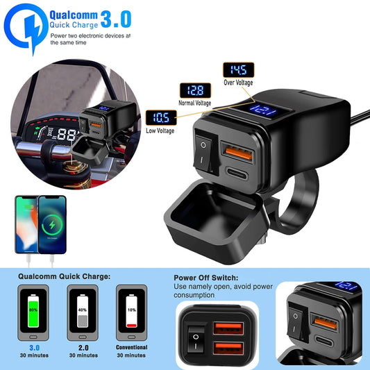 PD QC3.0 Motorcycle USB Fast Charger with Waterproof Type-C Port, Voltmeter, and Mobile Charging Connector