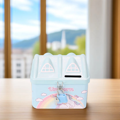 Kids House-Shaped Metal Piggy Bank with Lock - Children's Money Saving Box