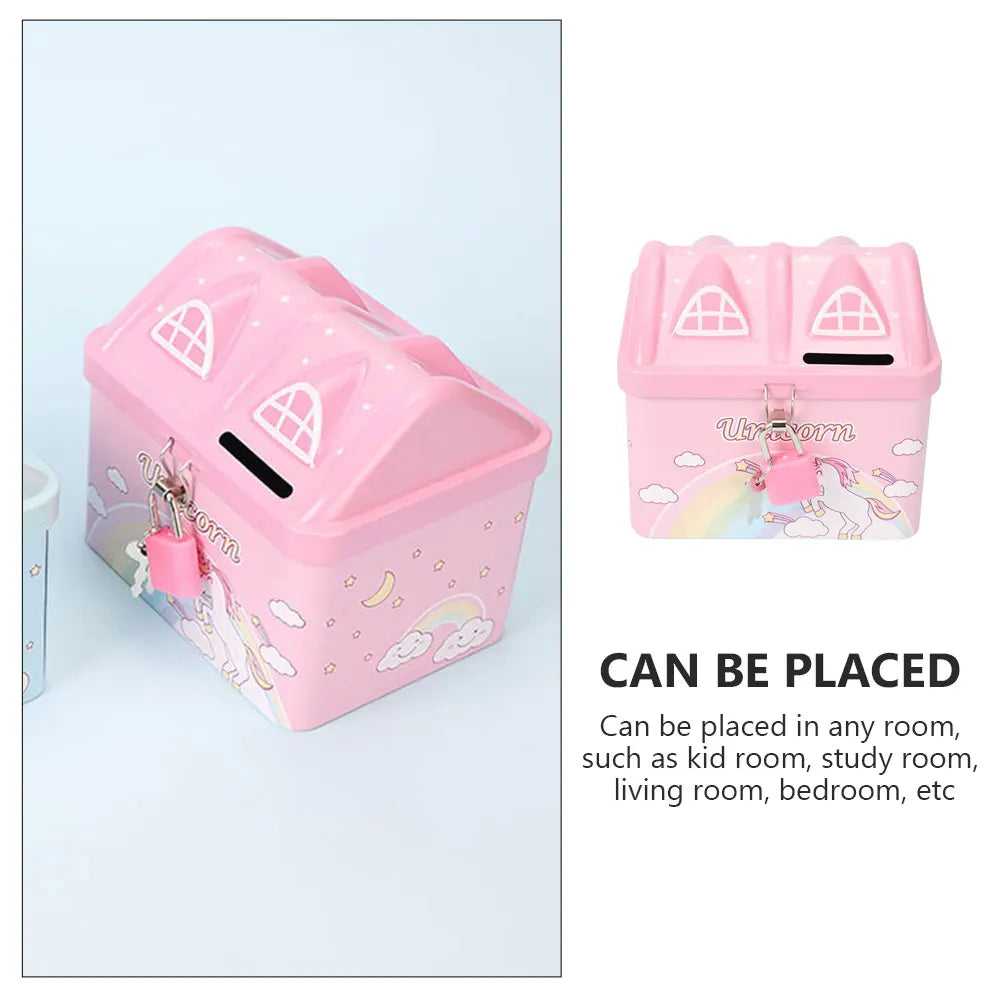 Kids House-Shaped Metal Piggy Bank with Lock - Children's Money Saving Box