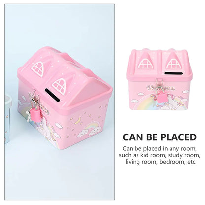 Kids House-Shaped Metal Piggy Bank with Lock - Children's Money Saving Box