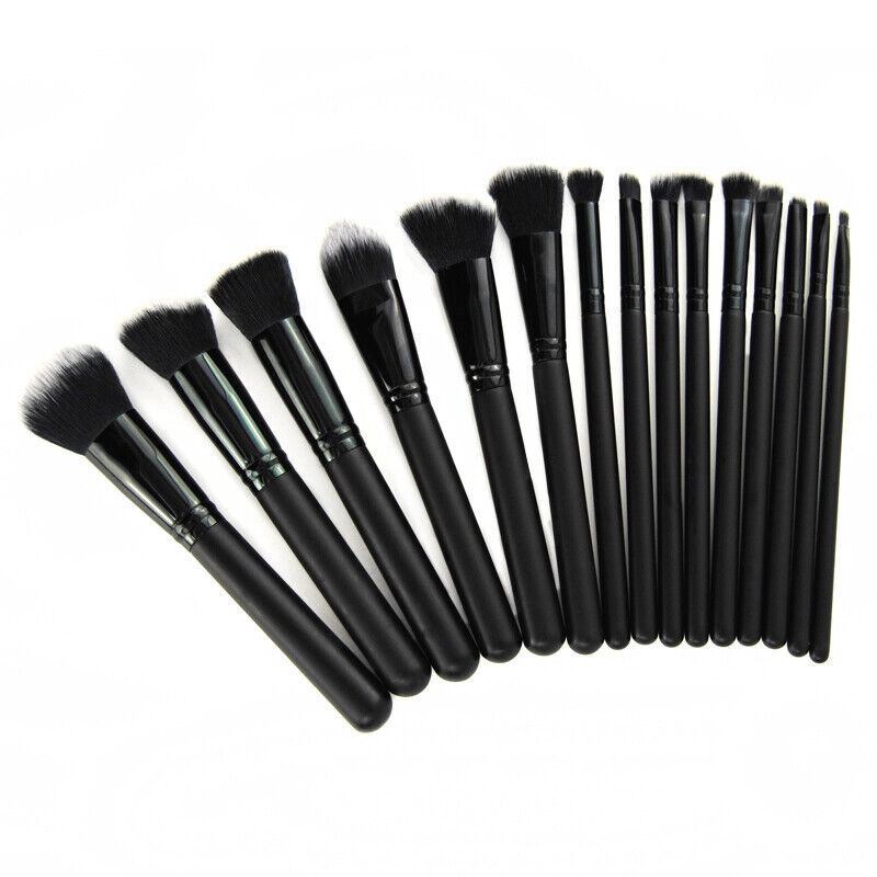 15-Piece Black Makeup Brush Set for Women with Bag - Foundation, Eyeliner, Eyeshadow