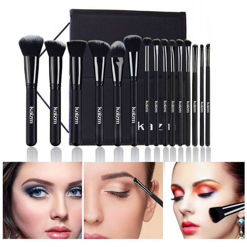 15-Piece Black Makeup Brush Set for Women with Bag - Foundation, Eyeliner, Eyeshadow