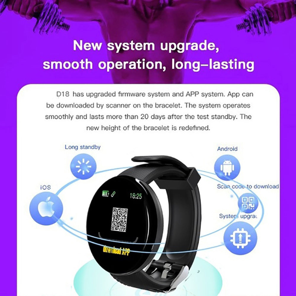 D18 Bluetooth Smart Watch – Blood Pressure & Heart Rate Monitor for Men and Women, Compatible with Android and iOS